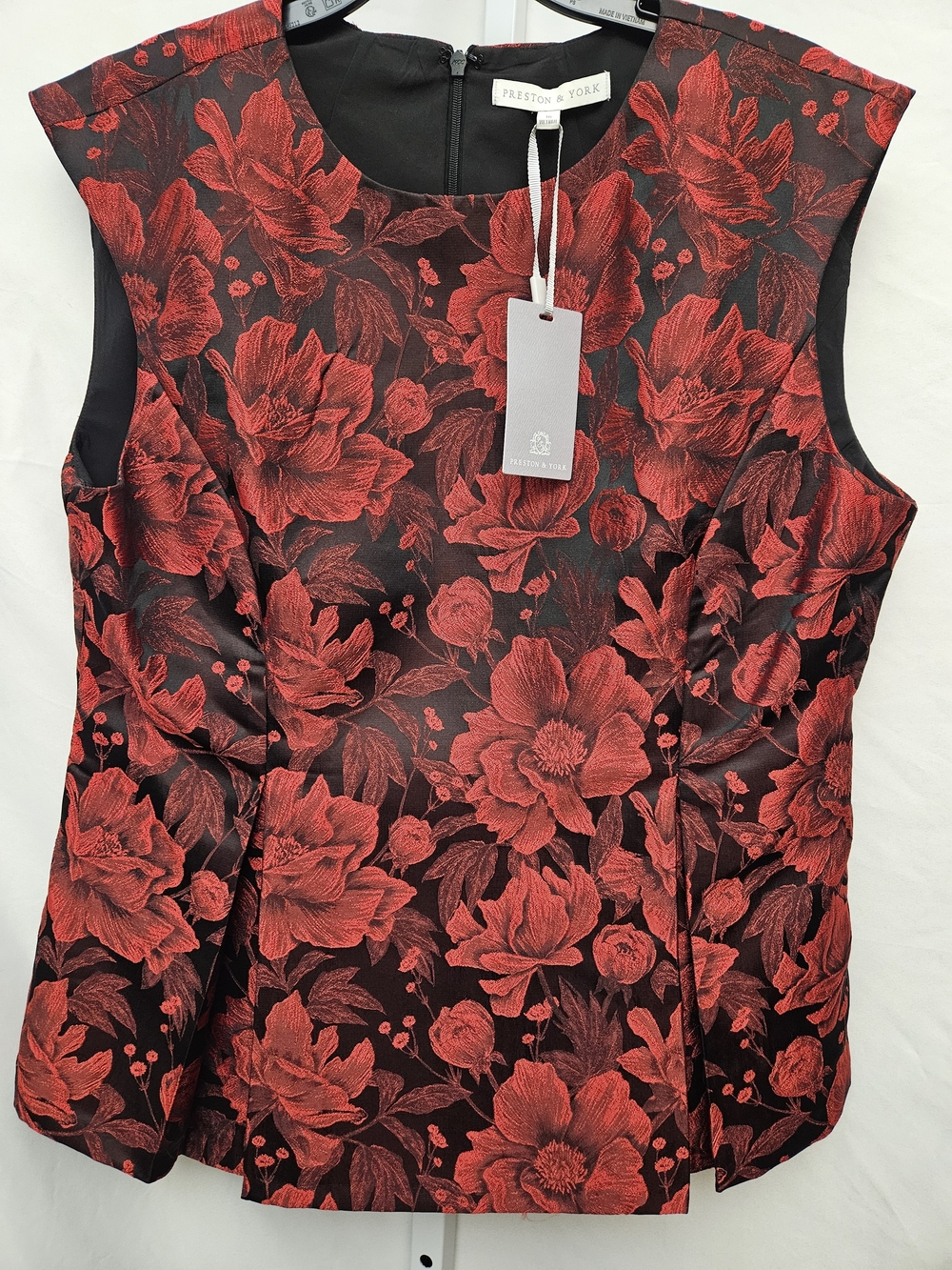 Preston & York Black Brocade Blouse with Red Floral Jacquard